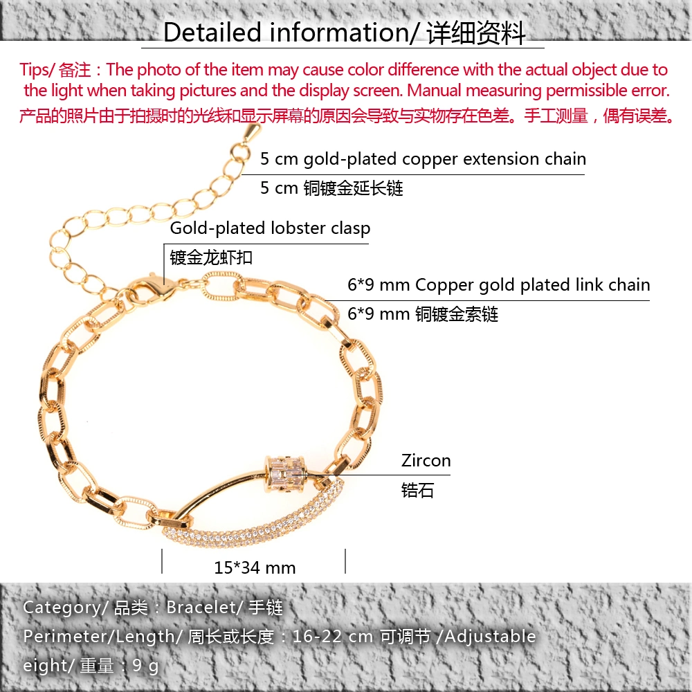 Hot-Selling Factory Price Gold Plated AAA Zircon Crystal Copper Link Chain Bracelet