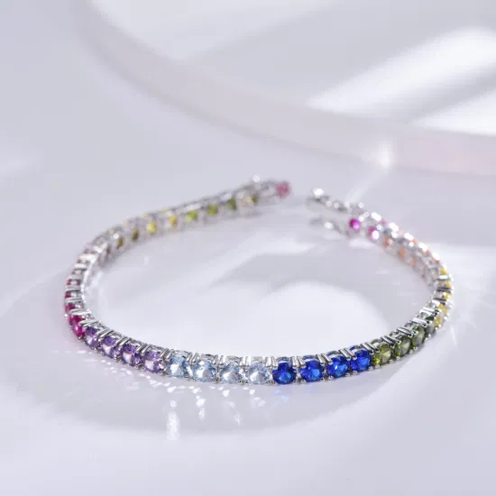 Pulseira de tênis de prata 925 feminina 4 mm de zircônia cúbica redonda Rainbow 925 prata esterlina pulseira de tênis CZ