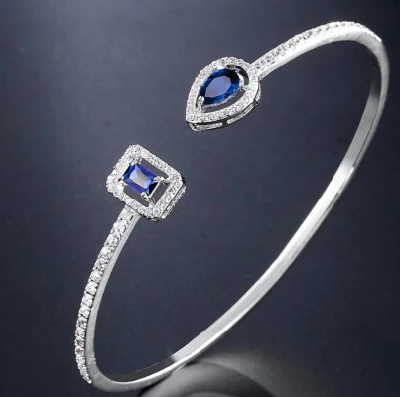  Pulseira moderna de zircônia cúbica CZ azul safira para presente feminino.  Pulseira de casamento nupcial