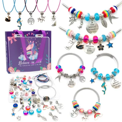 Kit de fabricação de pulseiras, contas de suprimentos para fabricação de joias, conjunto de presentes artesanais de unicórnio/sereia para meninas adolescentes de 8 anos